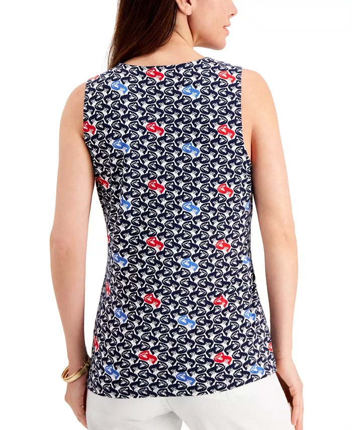 Charter Club Women's Printed Tie-Front Sleeveless Top Blue Size X-Large