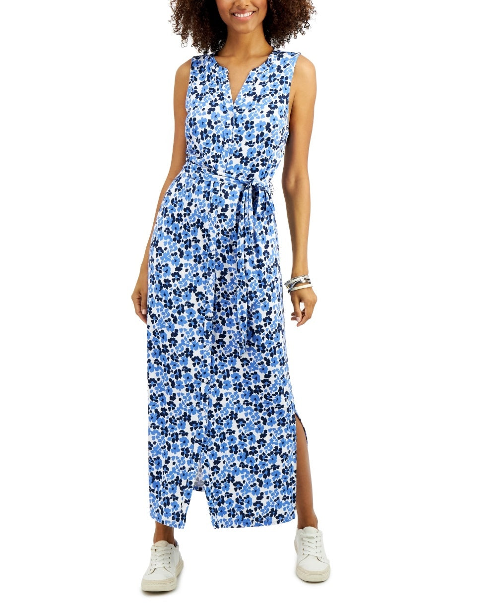 Charter Club Women's Sheath Dress Small Floral Tie Waist Blue Size Small