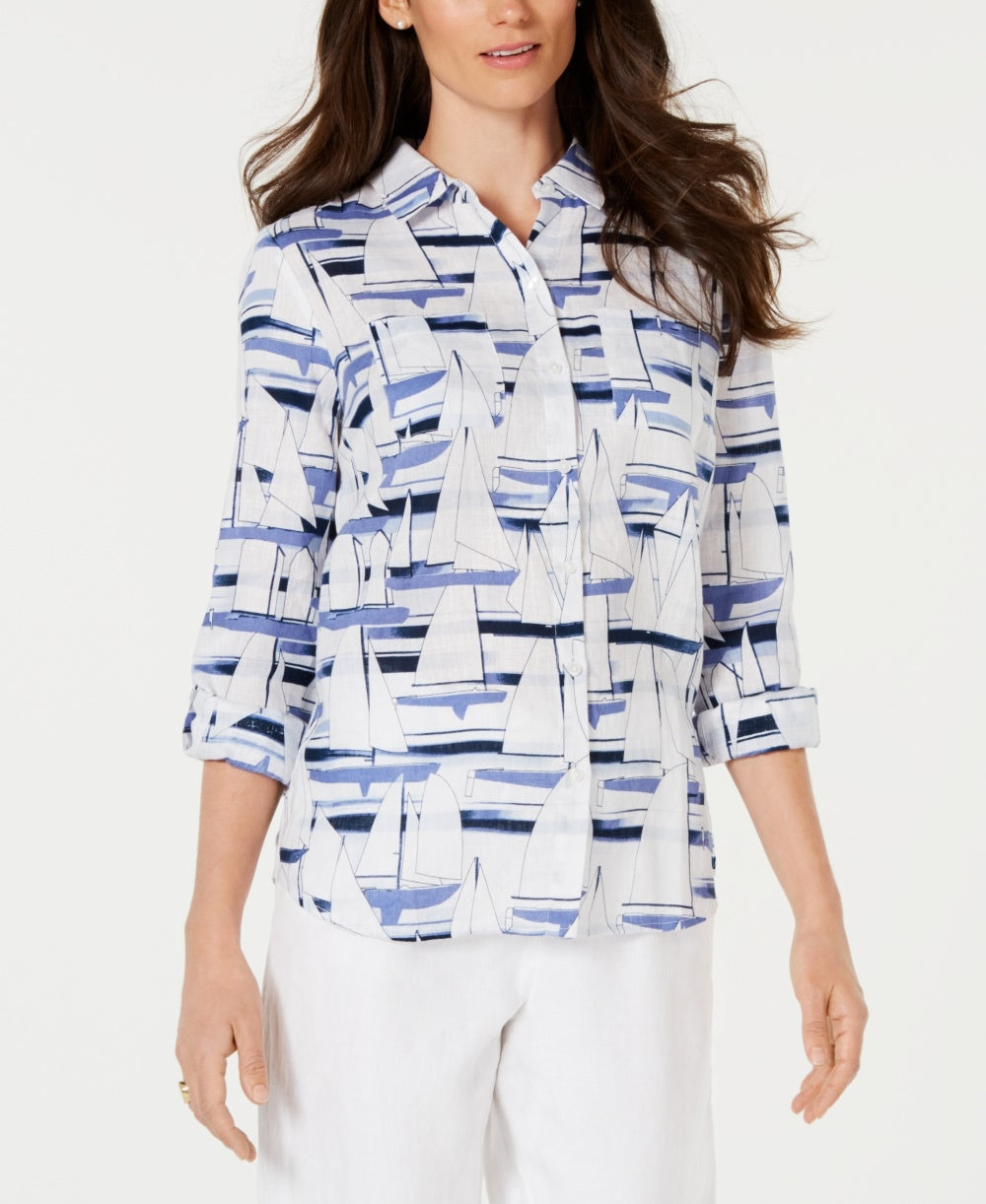 Charter Club Women's Sailboat Print Shirt White Size Medium
