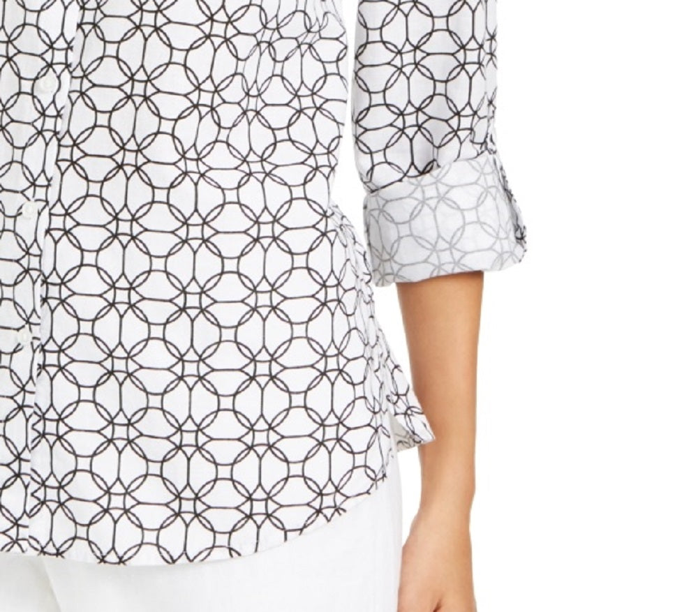 Charter Club Women's Printed Tab-Sleeve Shirt White Size Medium
