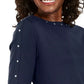 Karen Scott Women's Studded Elbow-Sleeve Boat-Neck Top Dark Blue Size Small