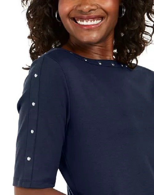 Karen Scott Women's Studded Elbow-Sleeve Boat-Neck Top Dark Blue Size Small