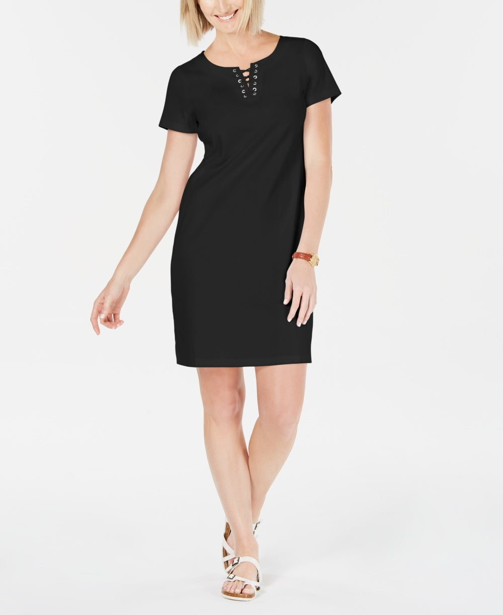 Karen Scott Women's Cotton Lace Up Split Neck Dress Black Size Small