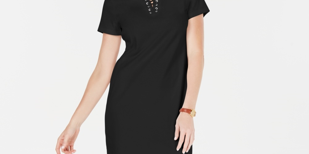 Karen Scott Women's Cotton Lace Up Split Neck Dress Black Size Small