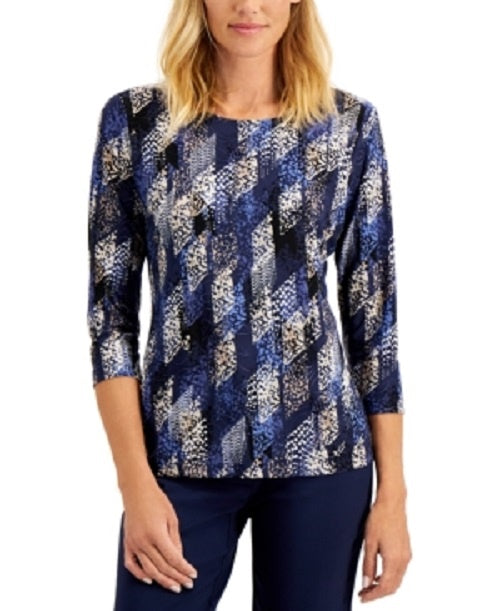 JM Collection Women's Raquel Rain Printed Jacquard Top Blue Size Small