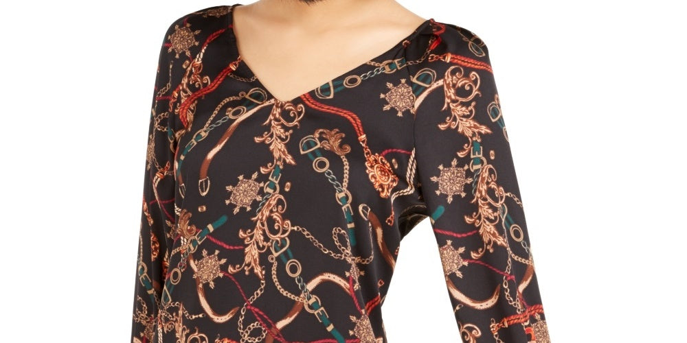 Bar III Women's V Neck Printed Blouse Black Size XX-Small
