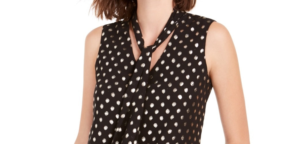 Bar III Women's Dot Print Chiffon Tie Neck Top Black Size X-Small