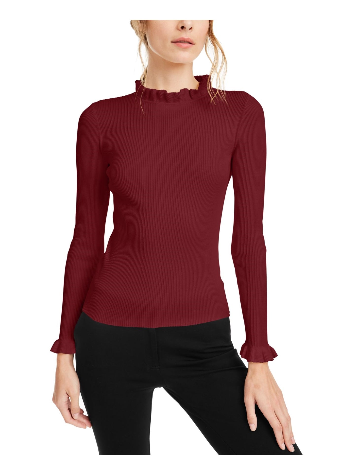 Anne Klein Women's Ruffled Long Sleeve Mock T-Shirt Sweater Wine Size X-Large
