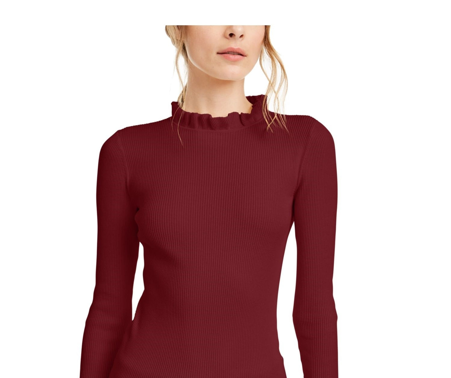 Anne Klein Women's Ruffled Long Sleeve Mock T-Shirt Sweater Wine Size X-Large