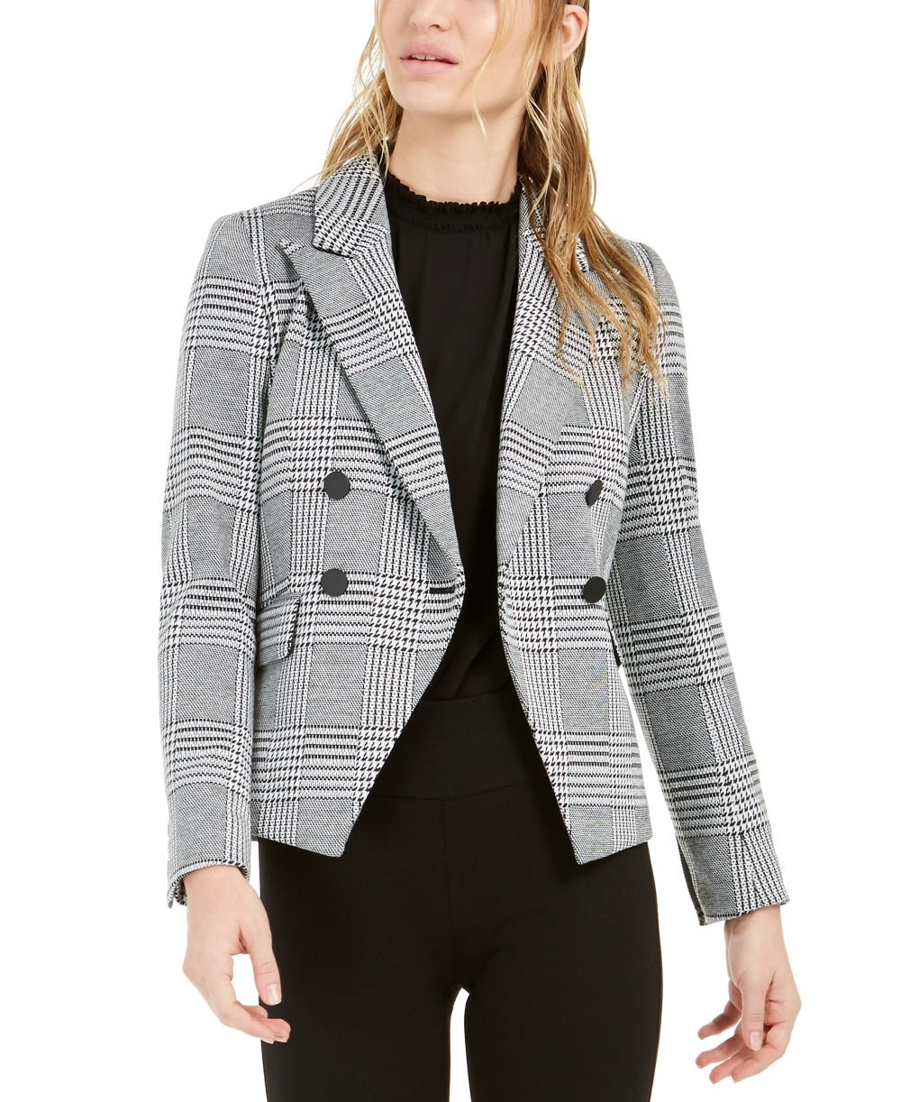 Bar III Women's Houndstooth Print Double Breasted Jacket Black Size 2