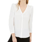 Bar III Women's Solid 3/4 Sleeve V Neck Button Up Top White Size Medium