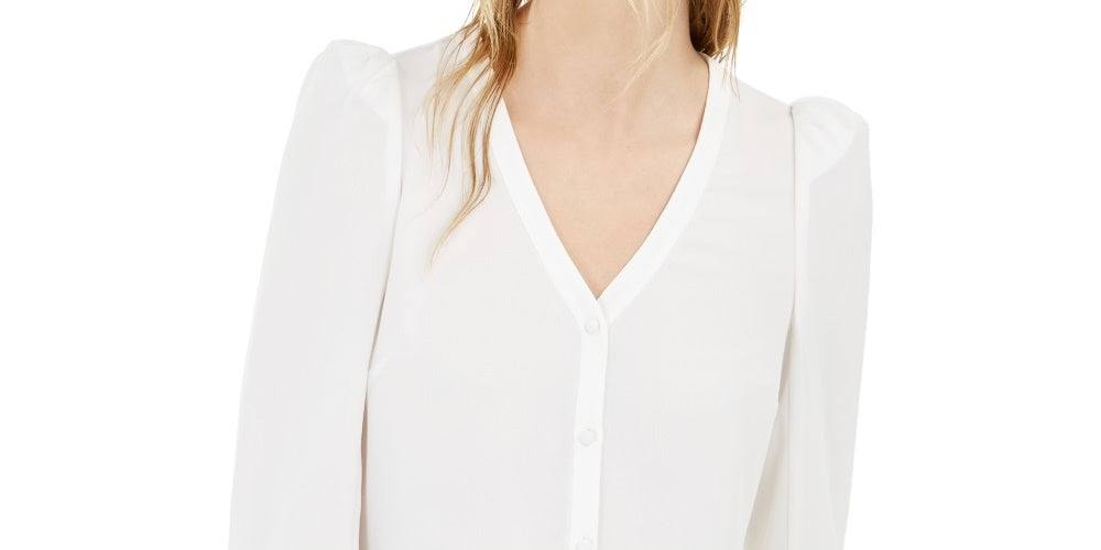 Bar III Women's Solid 3/4 Sleeve V Neck Button Up Top White Size Medium
