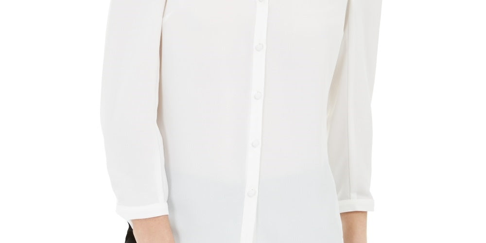 Bar III Women's Solid 3/4 Sleeve V Neck Button Up Top White Size Medium