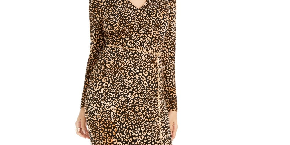 Thalia Sodi Women's Printed Surplice Sheath Dress Animal Large Gold Size Large