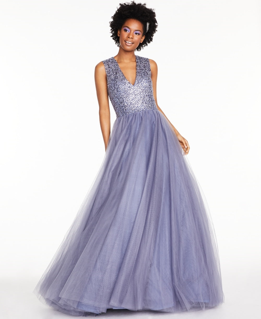 Glamour By Terani Juniors' Beaded Tulle Gown Purple Size 12