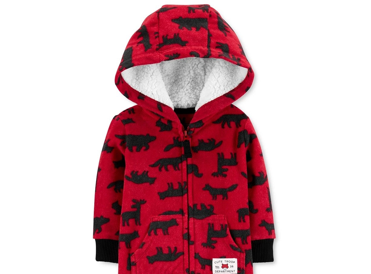 Carter's Baby Boys Hooded Woodland-Print Fleece Jumpsuit Red Size New Born