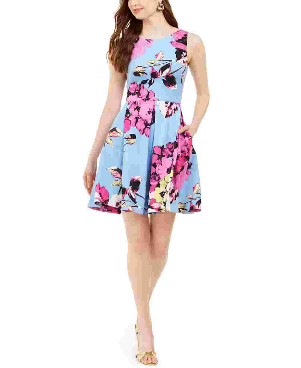 Taylor Women's Floral Scuba Fit & Flare Dress Navy Size Medium Regular