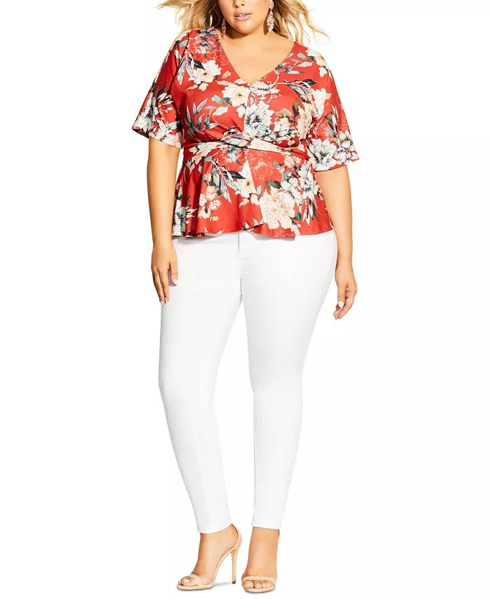 City Chic Women's Trendy Plus Size Printed Twist-Front Top Dark Orange Size 22W