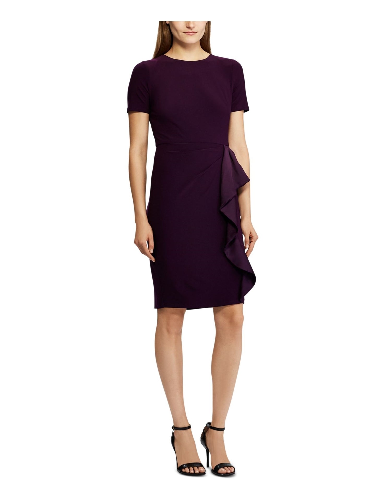 Ralph Lauren Women's Purple Ruffled Short Sleeve Jewel Neck Above The Knee Sheath Party Dress Purple Size 12 P