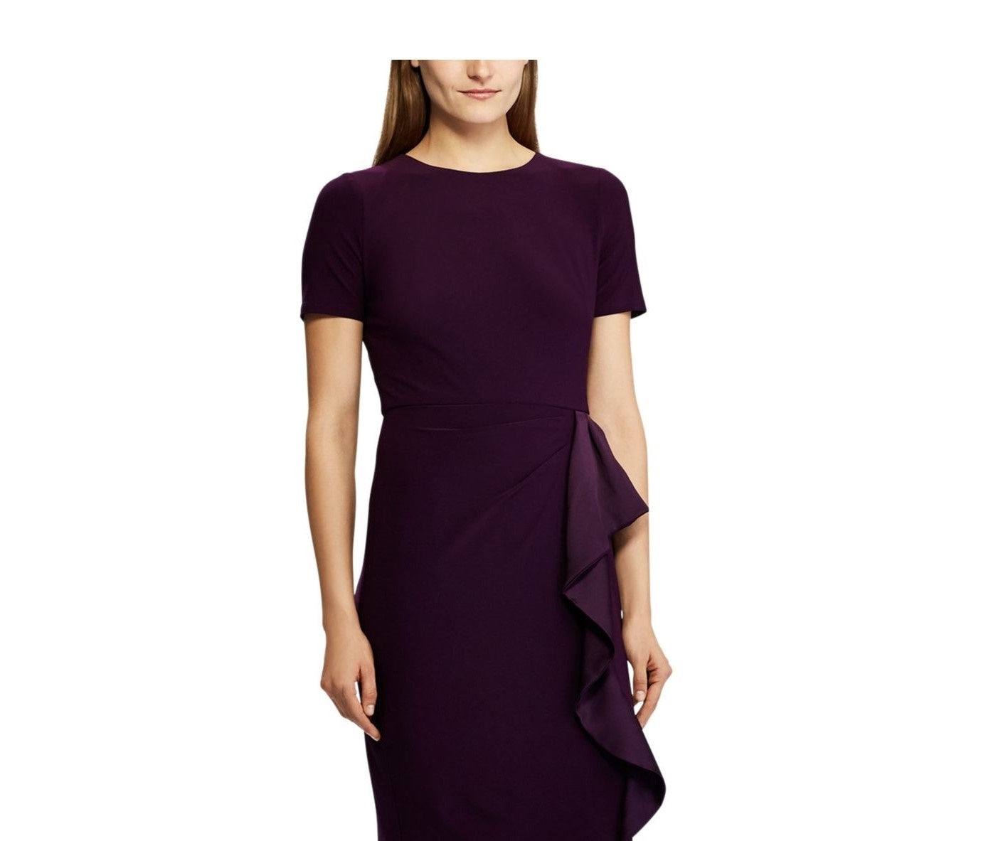 Ralph Lauren Women's Purple Ruffled Short Sleeve Jewel Neck Above The Knee Sheath Party Dress Purple Size 12 P