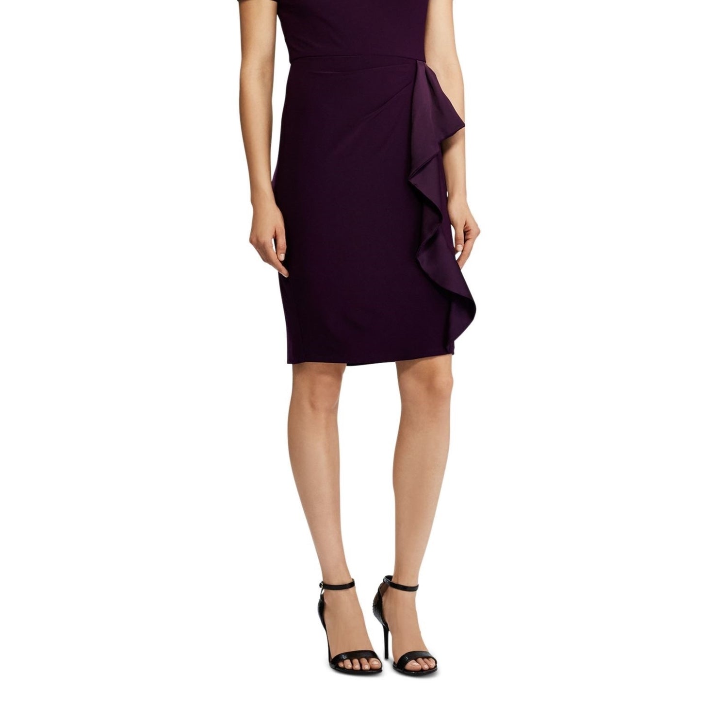Ralph Lauren Women's Purple Ruffled Short Sleeve Jewel Neck Above The Knee Sheath Party Dress Purple Size 12 P