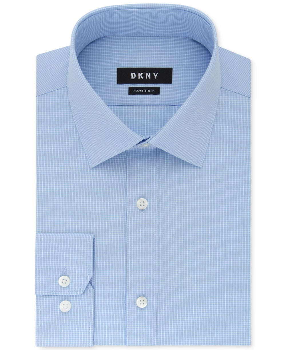 DKNY Men's Dress Shirts Slim Fit Stretch Grid Print Blue Size 17.5X34X35