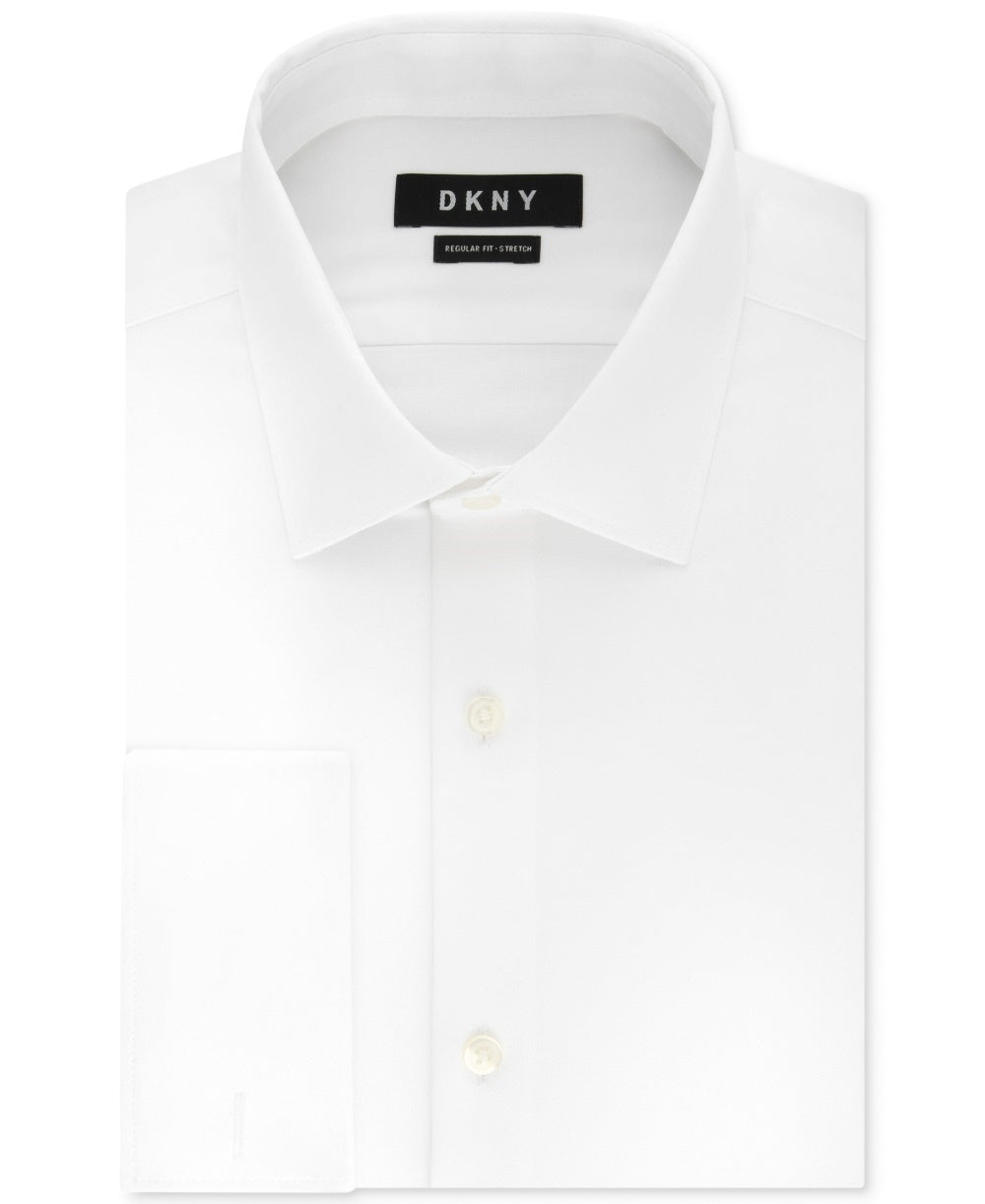 DKNY पुरुषों की स्लिम-फिट परफॉरमेंस स्ट्रेच रिंकल-रेज़िस्टेंट ब्लैक फ्रेंच कफ ड्रेस शर्ट वाइट साइज़ 16X34-35