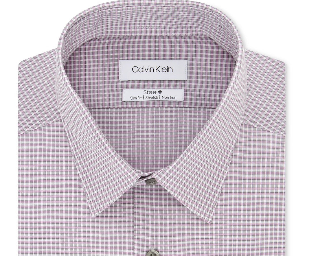Calvin Klein Men's Steel Slim-Fit Non-Iron Performance Stretch Check Dress Shirt Pink Size 15X34-35