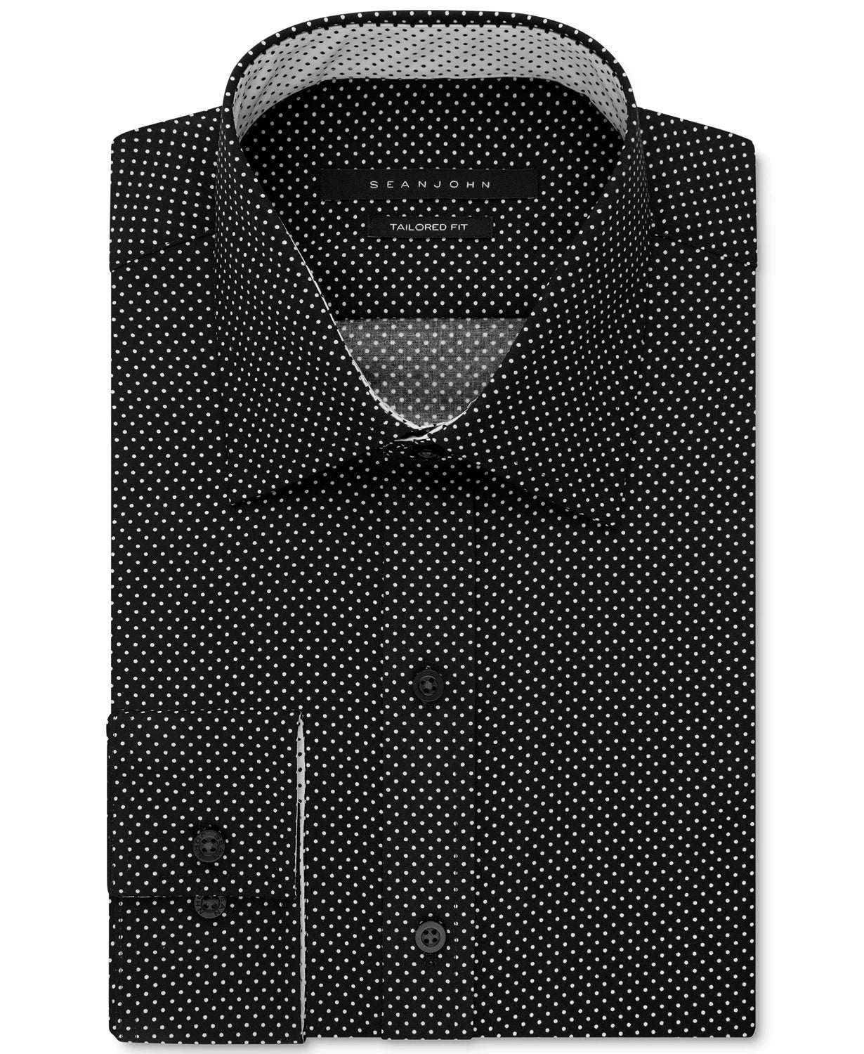 Sean John Men's Dress Shirt Polka Dot Tailored Fit Black Size 15.5X34X35