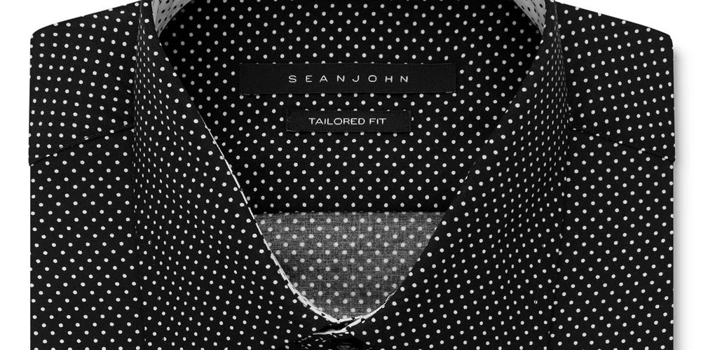 Sean John Men's Dress Shirt Polka Dot Tailored Fit Black Size 15.5X34X35