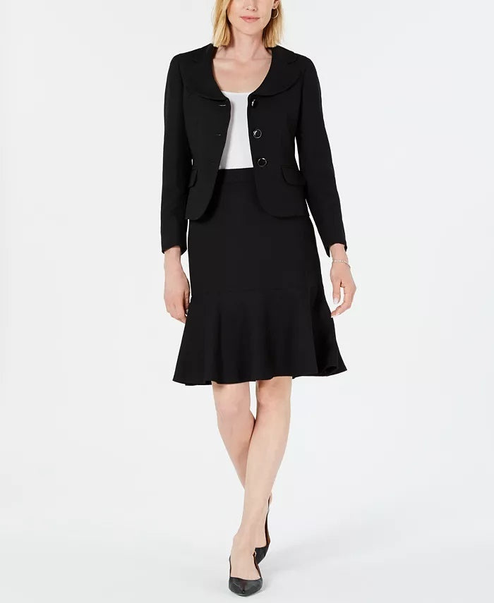 Le Suit Women's Three Button Diamond Jacquard Skirt Suit Black Size 8