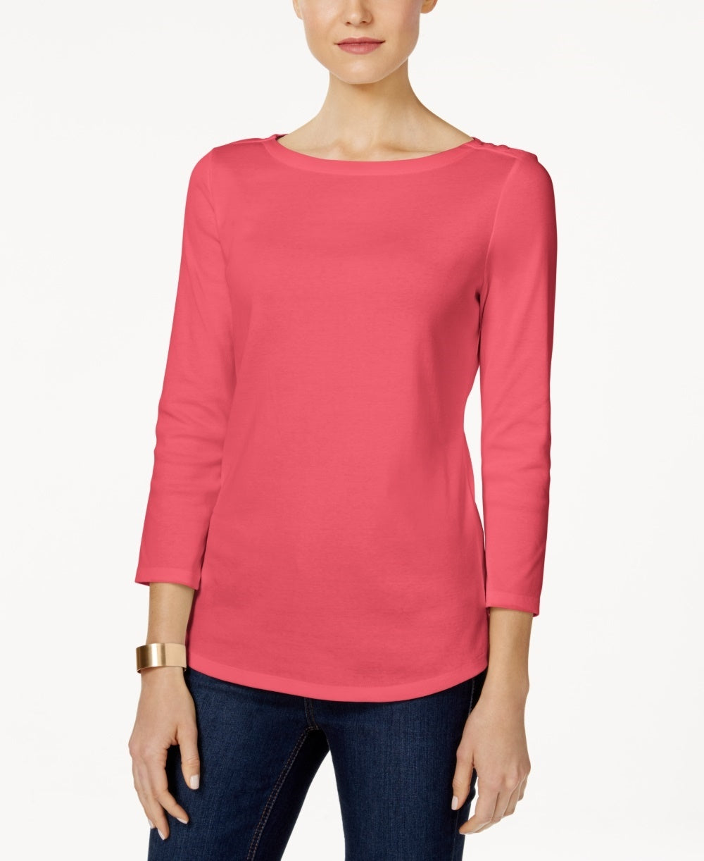 Charter Club Women's Pima Cotton Boat Neck Button Shoulder Top Red Size X-Large