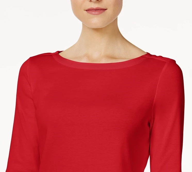 Charter Club Women's Pima Cotton Button-Shoulder Top Red Size Petite Small