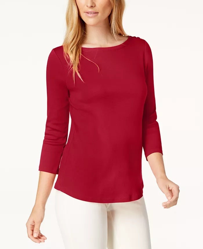Charter Club Women's Pima Cotton Boat Neck Button Shoulder Top Red Size Small