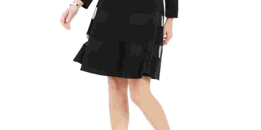 R & M Richards Women's Black Long Sleeve V Neck Knee Length Fit + Flare Dress Black Size 10 Petite