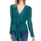 LEYDEN Women's Puff Sleeve Tie-Front Top Dark Blue Size Medium