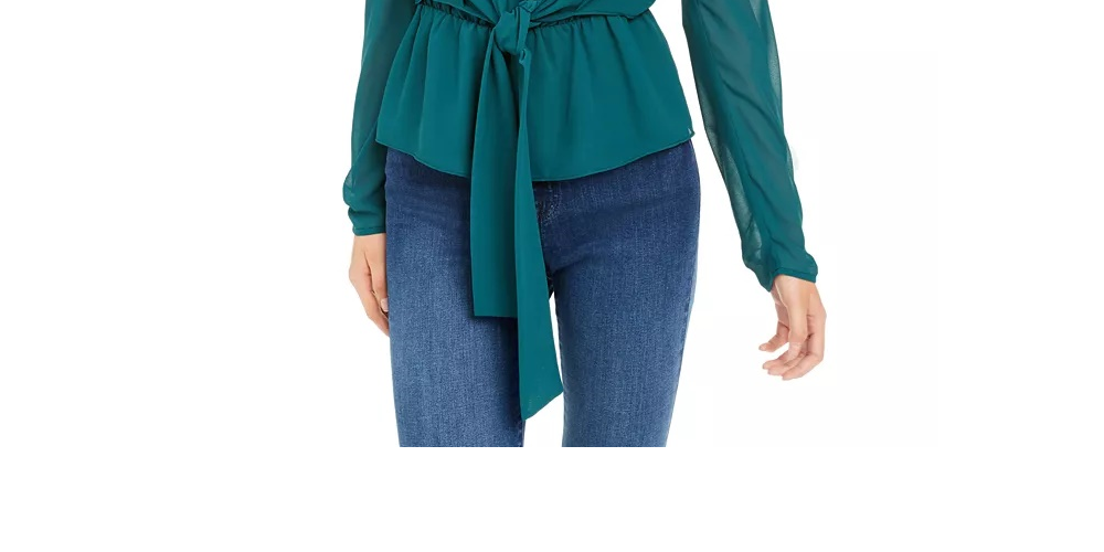 LEYDEN Women's Puff Sleeve Tie-Front Top Dark Blue Size Medium