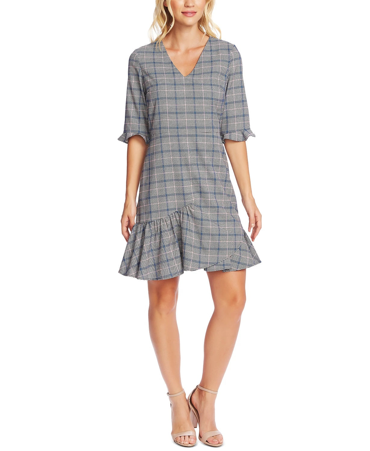 CeCe Women's Plaid V-Neck Flounce Dress Gray Size 10