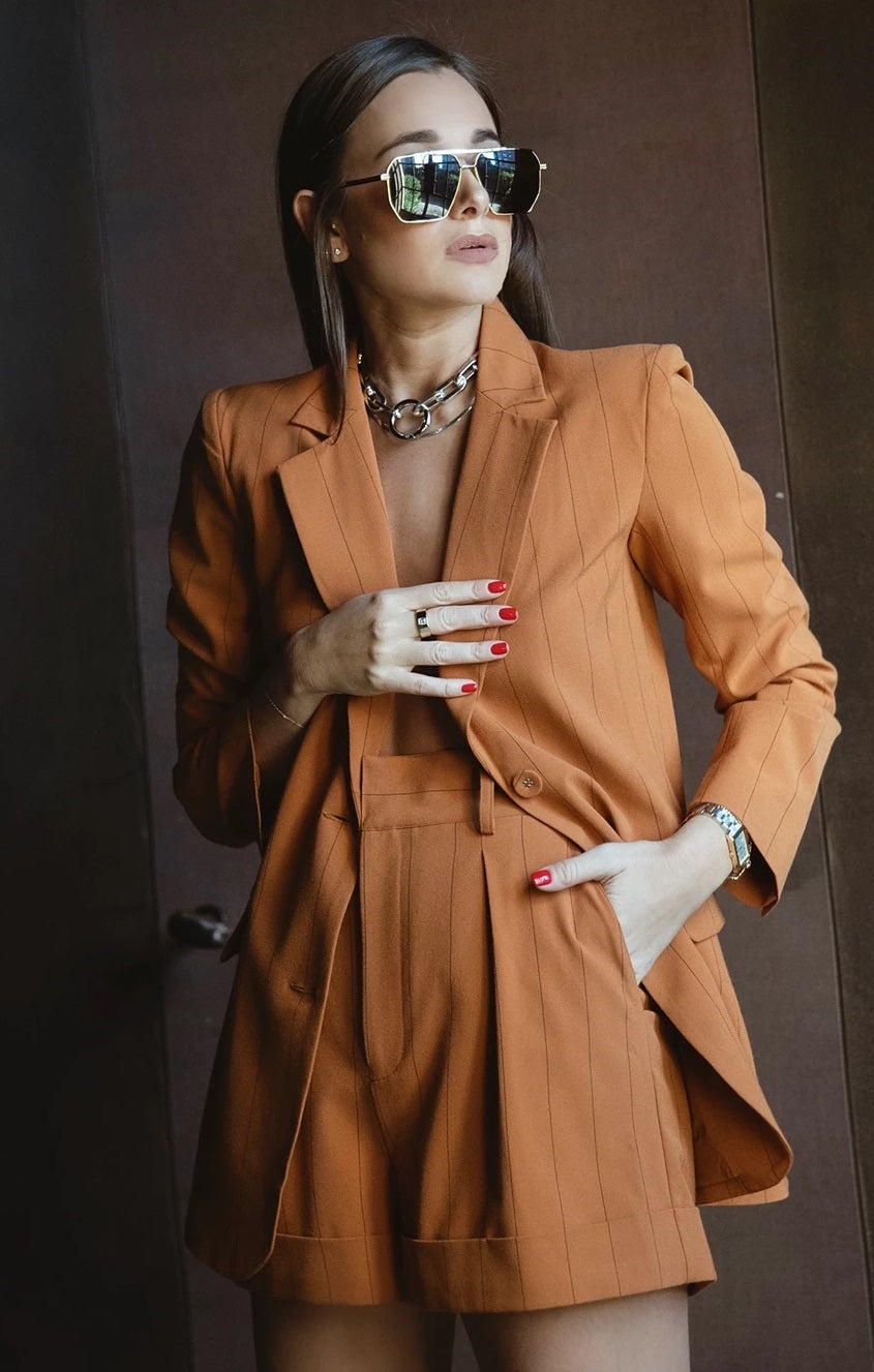 Danielle Bernstein Women's Pinstriped Boyfriend Jacket Orange Size Small