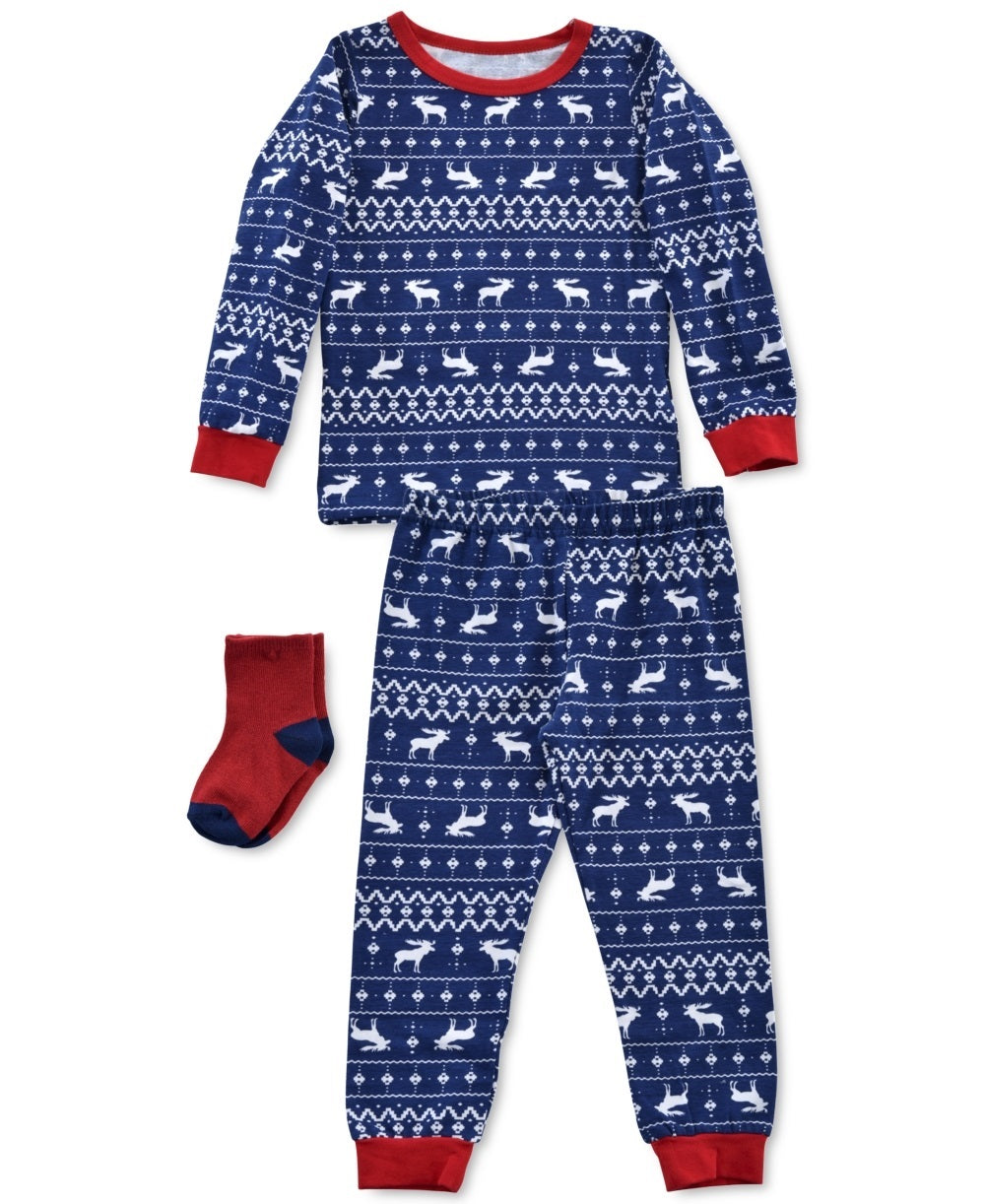 Max & Olivia Baby & Toddler Boy's 3 Pc Reindeer Print Pajamas & Socks Set Navy Size 3T