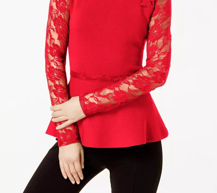 INC International Concepts Women's Petite Lace Peplum Top Red Size Medium