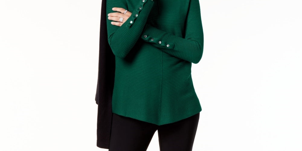 Alfani Women's Ribbed Snap-Detail Sweater Dark Green Size Medium