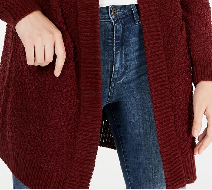 Say What? Junior's Open Front Textured Cardigan Red Size Medium