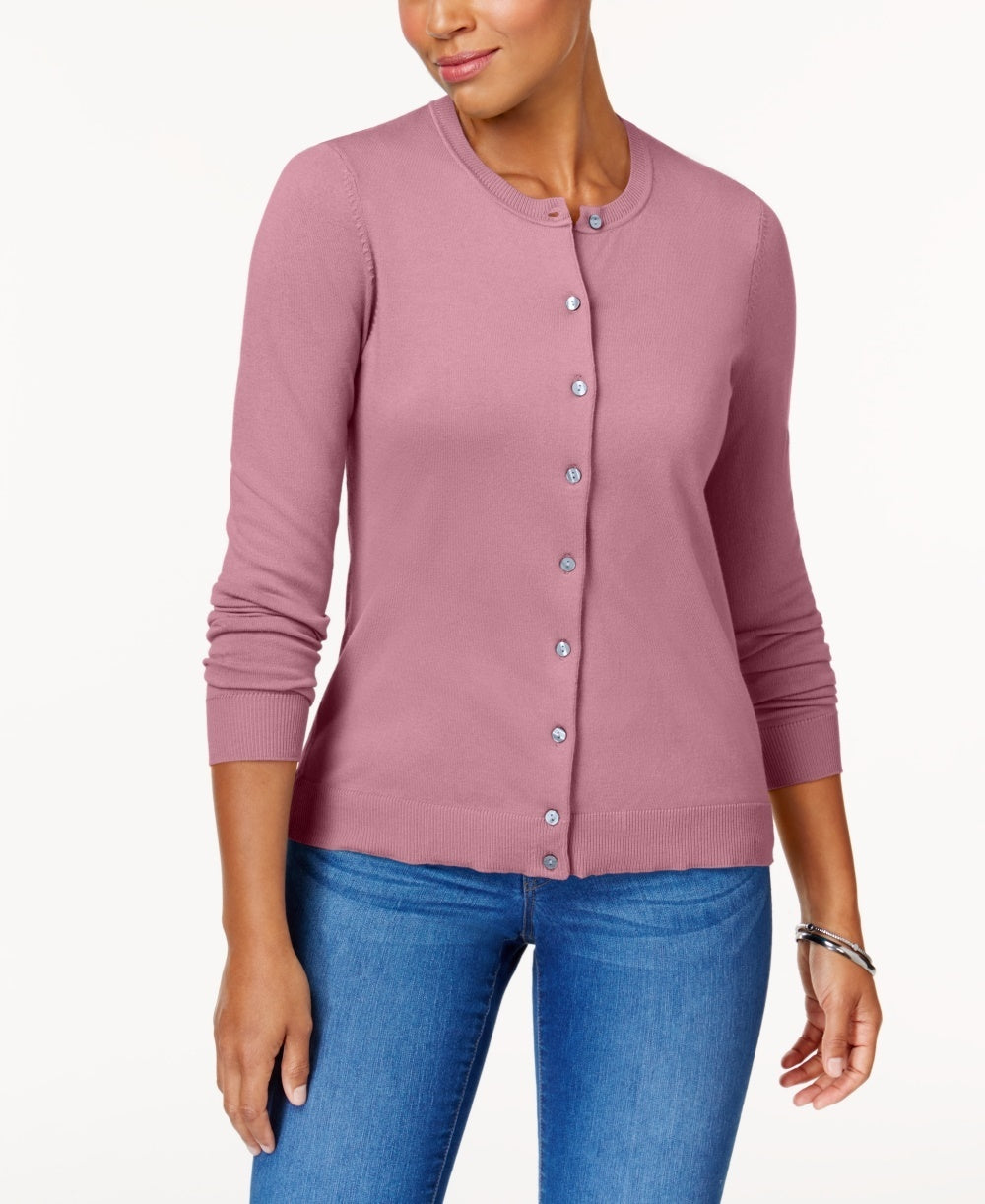 Karen Scott Women's Crew-Neck Cardigan Dark Pink Size Extra Small