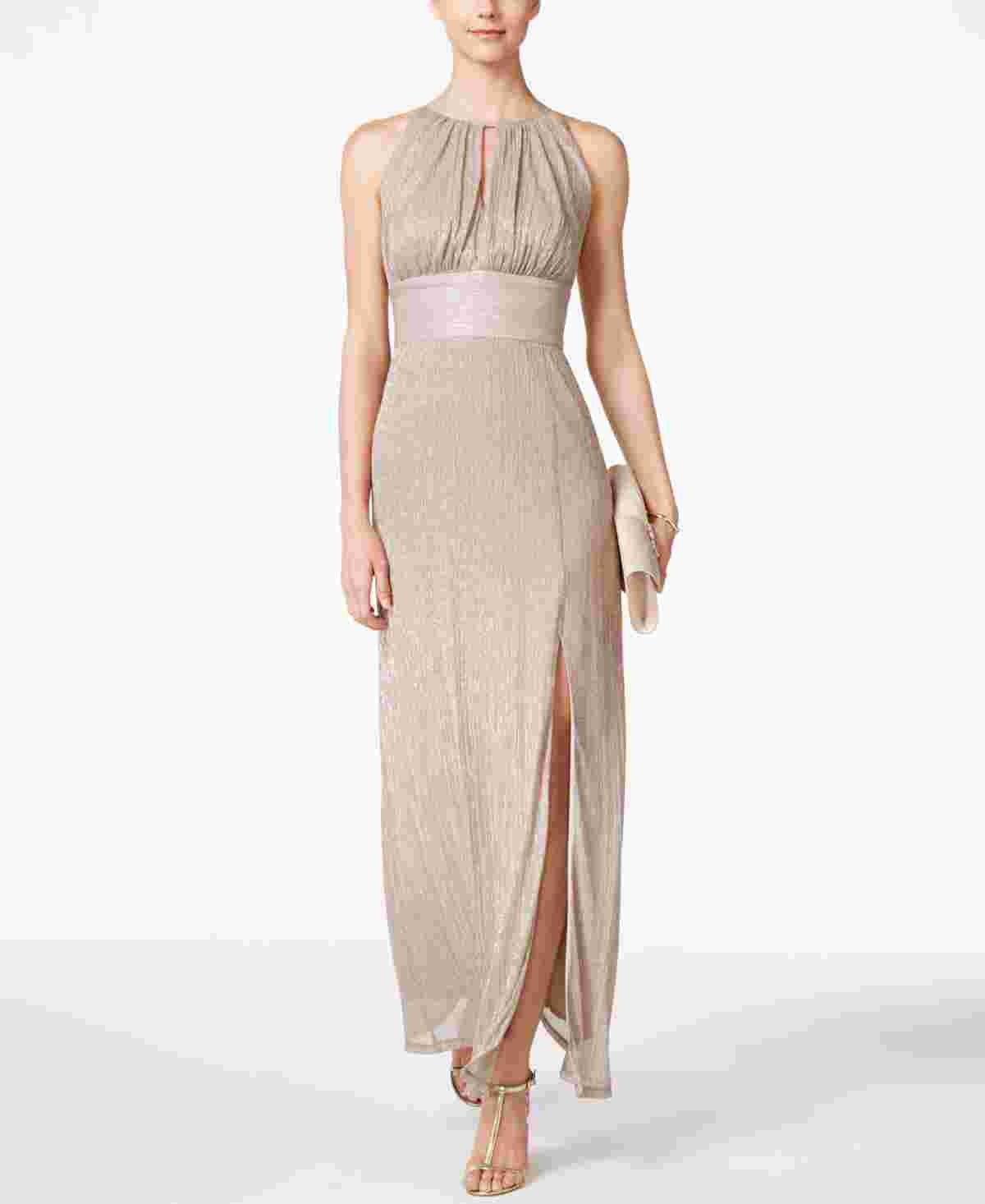R & M Richards Women's Metallic Knit Keyhole Halter Gown Gold Size 12