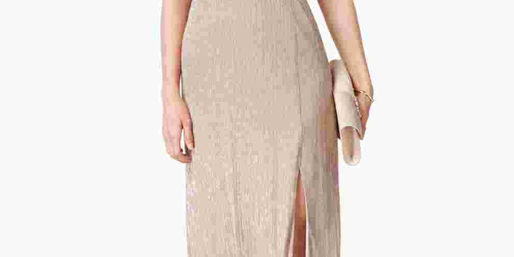 R & M Richards Women's Metallic Knit Keyhole Halter Gown Gold Size 12