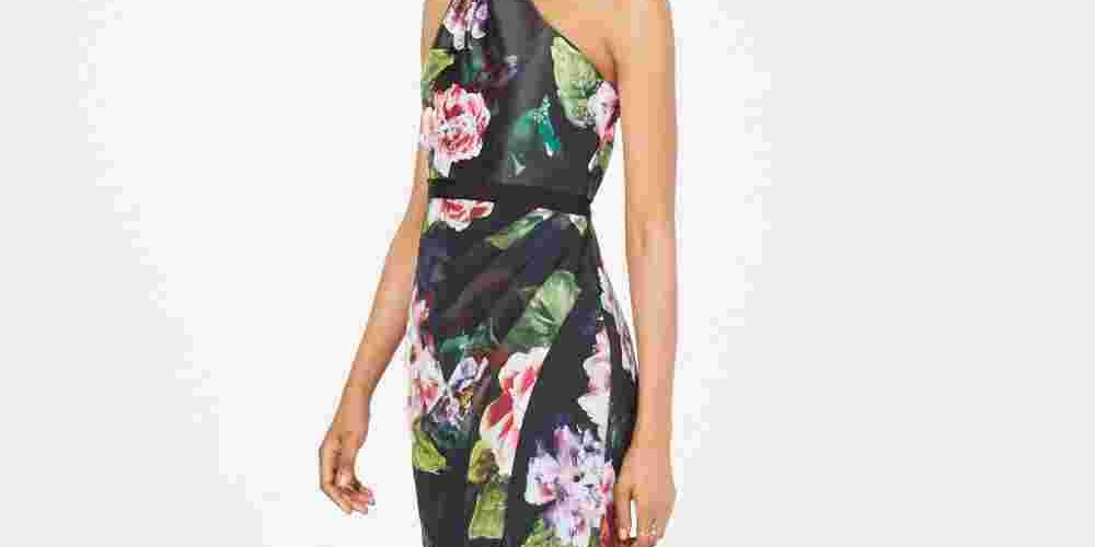 Adrianna Papell Women's Floral Print One Shoulder Gown Black Floral Size 12