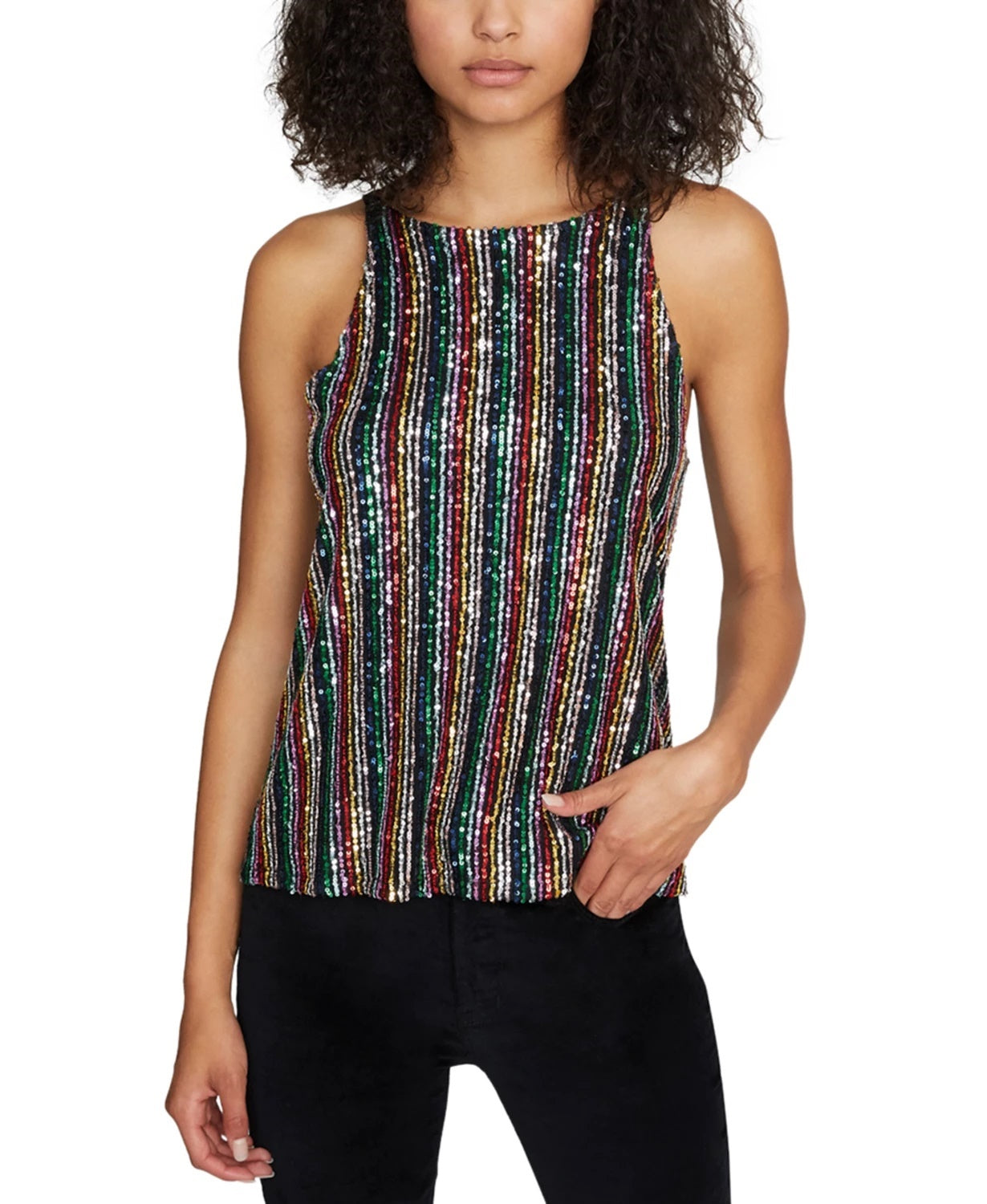 Sanctuary Women's Sequined Striped Spaghetti Strap Scoop Neck Top Black Size X-Large