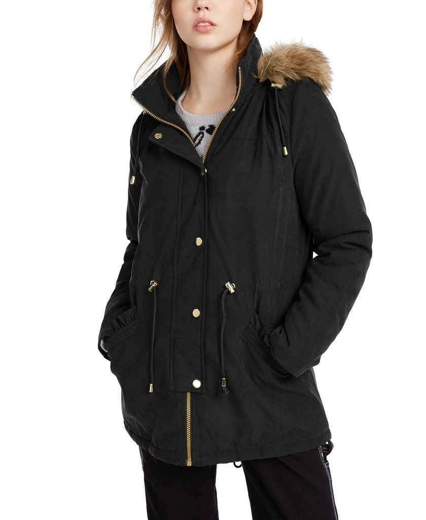 Celebrity Pink Juniors' Faux-Fur Trim Hooded Parka Coat Black Size X-Small
