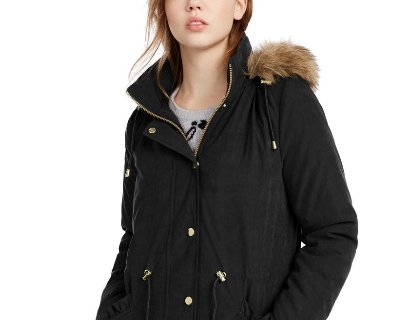 Celebrity Pink Juniors' Faux-Fur Trim Hooded Parka Coat Black Size X-Small